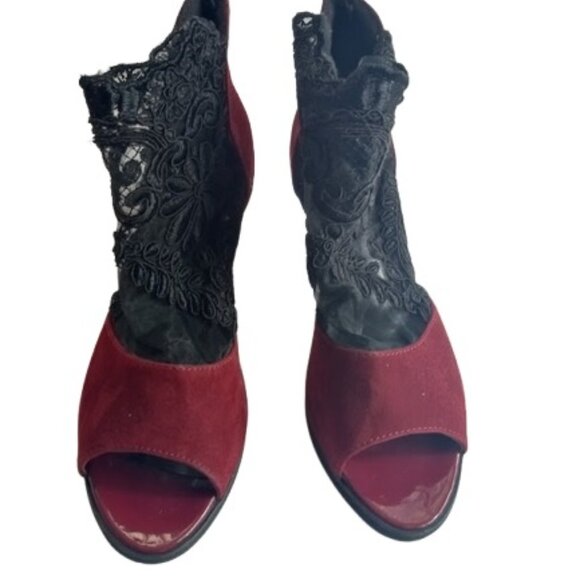 Jsaierl Womens Peep Toe Ankle Bootie Maroon Suede Black Lace 38 7.5 - Picture 5 of 9